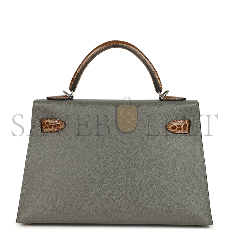 HERMÈS MASTER MINI KELLY SELLIER GRIS MEYER MADAME AND FICELLE SHINY ALLIGATOR TOUCH PALLADIUM HARDWARE (19*12*5.5cm) 